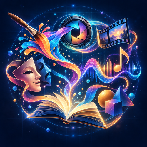 Connected symbols of painting, photography, film, theatre, music, geometry and literature forming one artwork